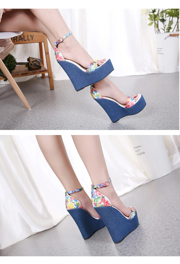 Eilyken Fashion Designer Print Denim Sandals Woman Roman Wedges High Heels Peep Toe Platform Shoes Zapatos De Mujer