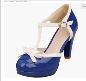 Women's Plus Size T Strap High Heels Round Toe Heel Pumps Women Platform Pumps with Bow Party Wedding Shoes Chaussures De Femme