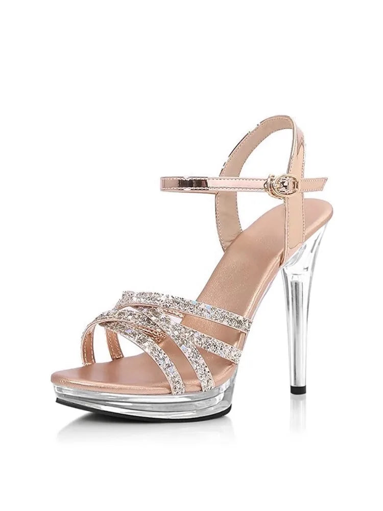 Wedding Sandals For Women Crystal Platform Transparent Thin Heel 12CM High Heels Summer Bling Bling Party Dress Shoes Large Size
