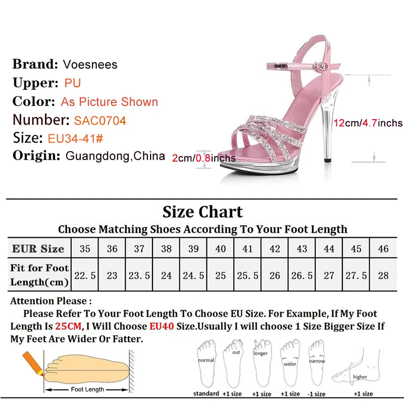 Wedding Sandals For Women Crystal Platform Transparent Thin Heel 12CM High Heels Summer Bling Bling Party Dress Shoes Large Size