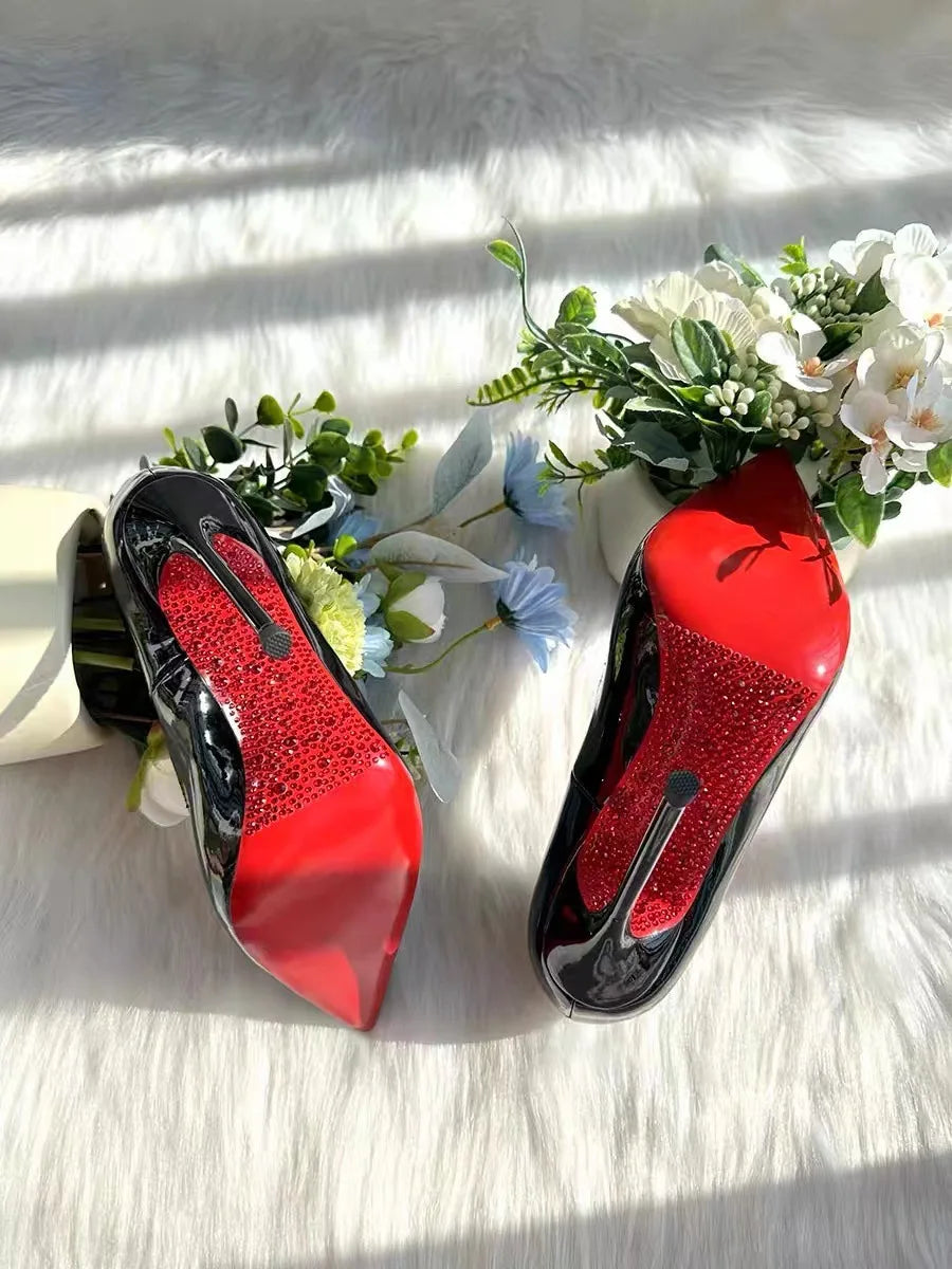 Women Elegant Luxury Shiny Rhinestone High Heels Sexy Red Bottom Pumps Brand Shoes Sexy Party Pointed Toe Wedding Banquet Shoes