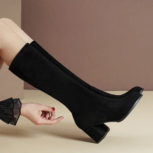 2024New Fashion Winter Women's Knee Length Boots Artificial Fur Elastic  Pointed Suede High Heels Casual Warm