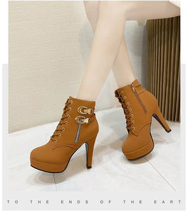 Women High Heels Stiletto Ankle Boots 2025 Autumn Fashion Lace-up Side Zipper Boots Female Platform Solid Color Short Booties