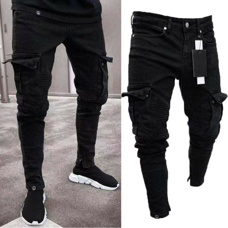 MCHPI Store Long Pencil Pants Ripped Jeans Slim Spring Hole Men's Skinny Jeans Trousers Clothing