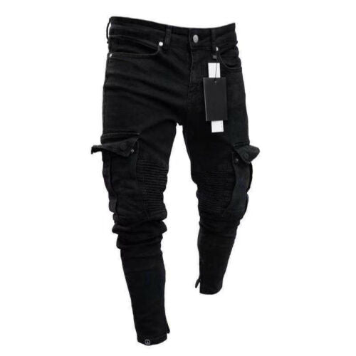 MCHPI Store Men Biker Ripped Long Denim Trousers Skinny Jeans Pants Destroyed Stretchy-Black Pants