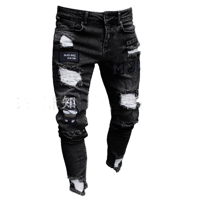 MCHPI Store Styles Men Stretchy Ripped Skinny Biker Embroidery Print Jeans Destroyed Hole Taped Slim Fit Denim Scratched High Quality Jean