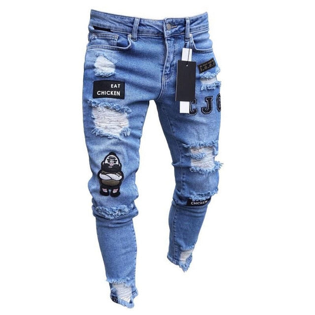 MCHPI Store Styles Men Stretchy Ripped Skinny Biker Embroidery Print Jeans Destroyed Hole Taped Slim Fit Denim Scratched High Quality Jean