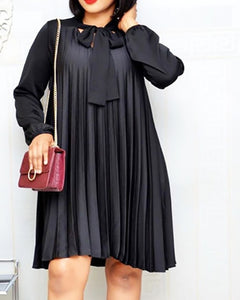 MCHPI Store Plus Size Pleated Dresses with Bowtie Long Lantern Sleeves Knee Length Women Fashion Summer Autumn Female African Vestidos New