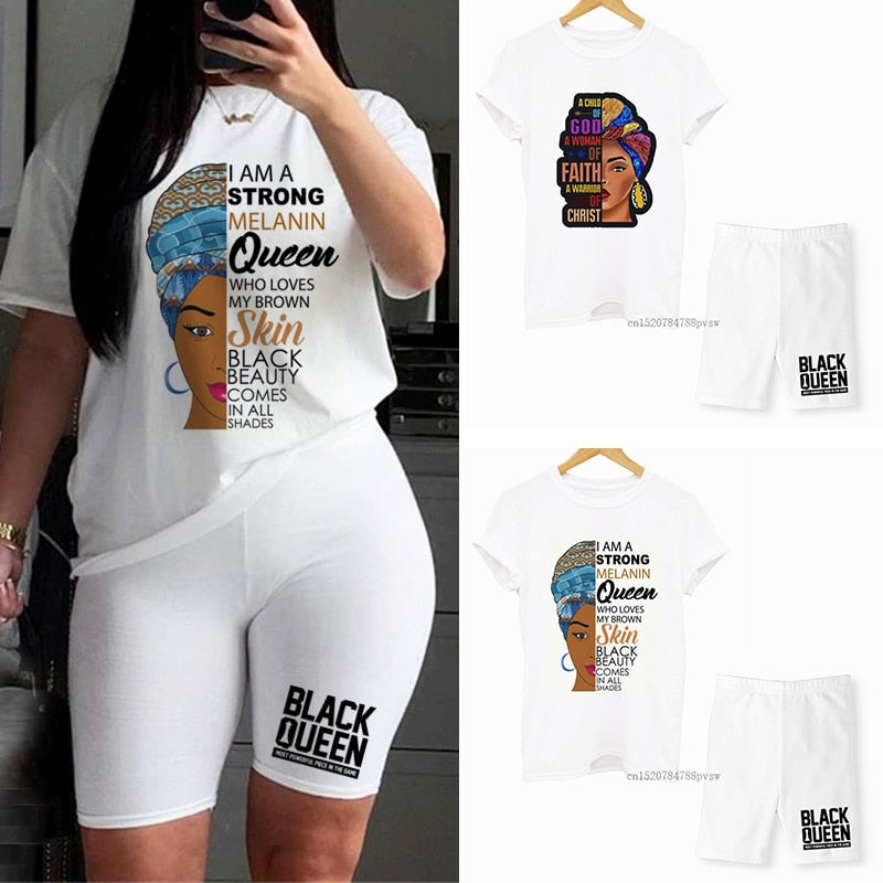 MCHPI Store Black Queen Women Print T Shirts Melanin Two Pieces Set Sexy