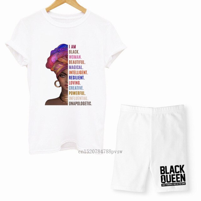 MCHPI Store Black Queen Women Print T Shirts Melanin Two Pieces Set Sexy