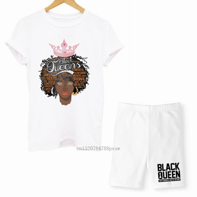 MCHPI Store Black Queen Women Print T Shirts Melanin Two Pieces Set Sexy