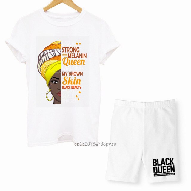 MCHPI Store Black Queen Women Print T Shirts Melanin Two Pieces Set Sexy