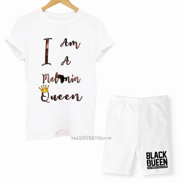 MCHPI Store Black Queen Women Print T Shirts Melanin Two Pieces Set Sexy