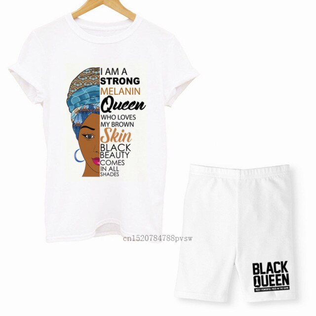 MCHPI Store Black Queen Women Print T Shirts Melanin Two Pieces Set Sexy