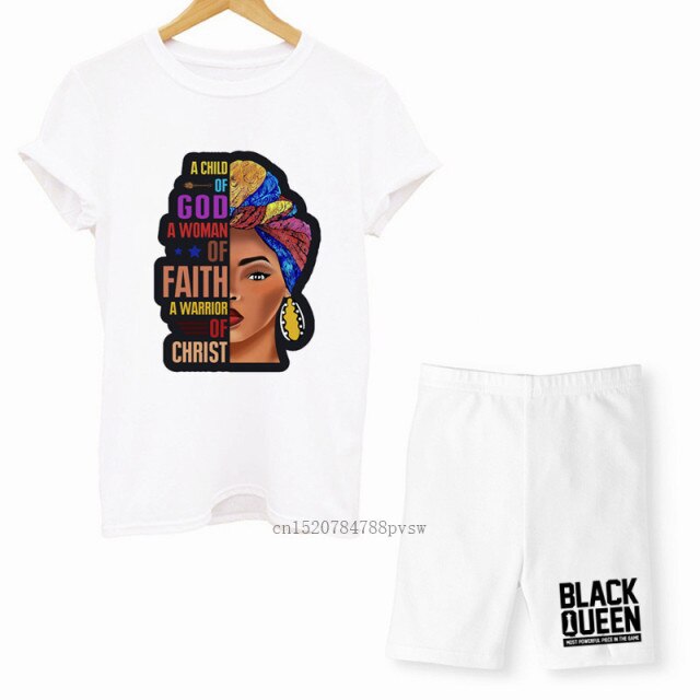 MCHPI Store Black Queen Women Print T Shirts Melanin Two Pieces Set Sexy