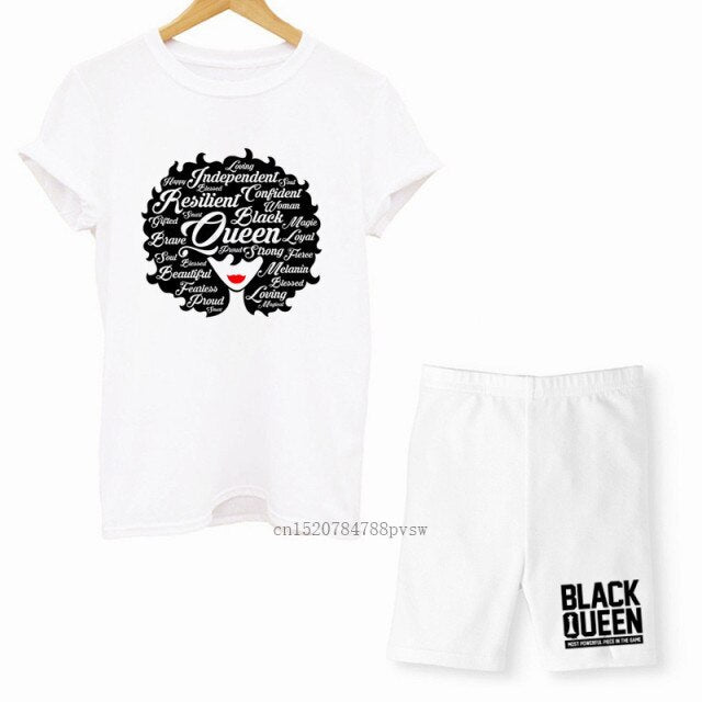 MCHPI Store Black Queen Women Print T Shirts Melanin Two Pieces Set Sexy