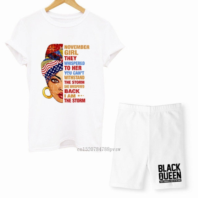 MCHPI Store Black Queen Women Print T Shirts Melanin Two Pieces Set Sexy