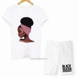 MCHPI Store Black Queen Women Print T Shirts Melanin Two Pieces Set Sexy