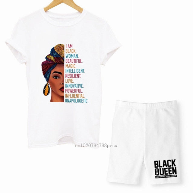 MCHPI Store Black Queen Women Print T Shirts Melanin Two Pieces Set Sexy